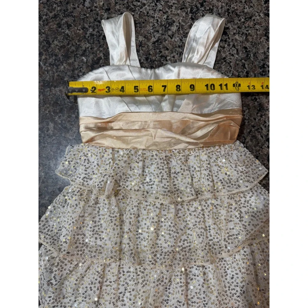 Speechless Girls Ivory Gold Sequin‎ Tiered Ruffle Party Dress Size 8 Holiday Bow